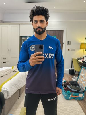indian cricket training jersey 2025 with dynamic stripes and sponsor logo