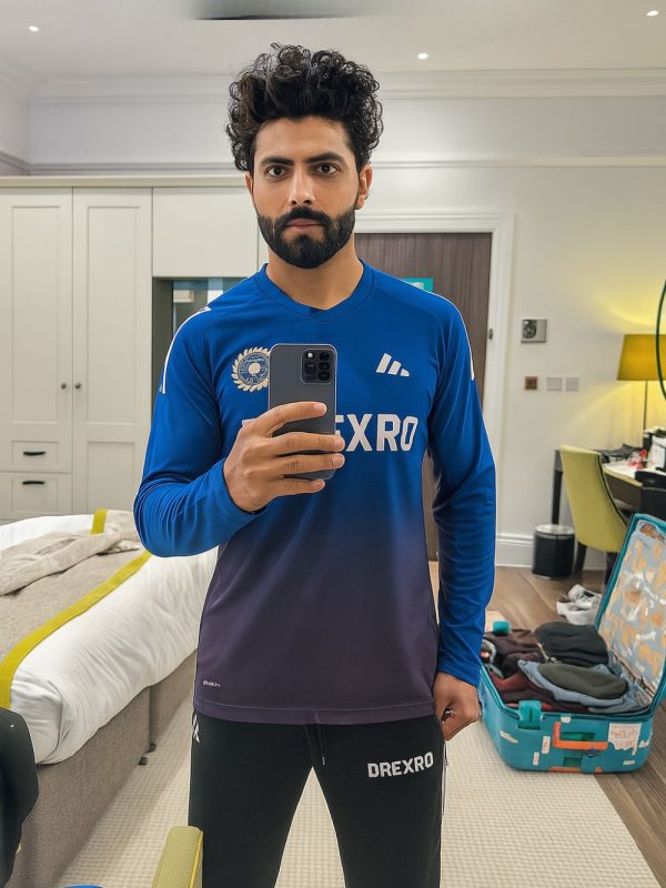 indian cricket training jersey 2025 with dynamic stripes and sponsor logo