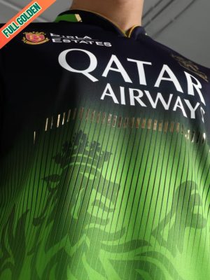 RCB eco-friendly green jersey with golden name, number, logo, and stripe embellishments