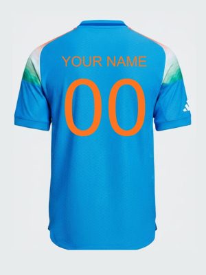 Sky blue ODI India jersey front and back view with Apollo Tyres logo and Teehub custom name and number printing.