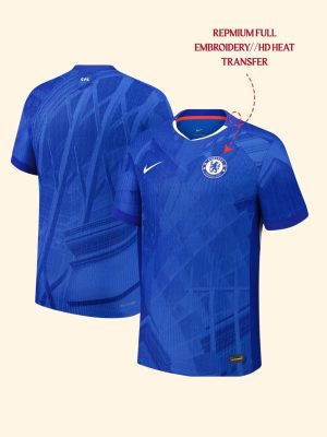 Chelsea 2025-26 home jersey front view on mannequin