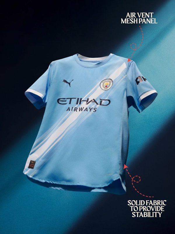 Front view of the Manchester City 2025-26 home fan jersey featuring signature sky blue design.