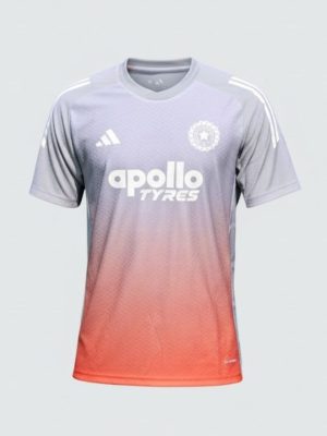 Adidas Team India 2025 official cricket jersey in grey and orange, featuring BCCI logo and adidas stripes on shoulders. only on teehub