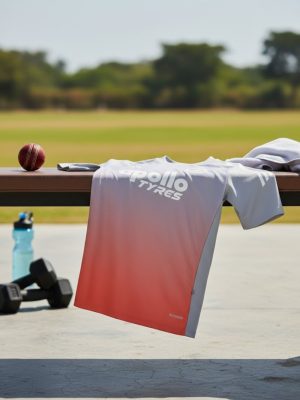 Adidas grey and orange Team India lifestyle jersey, cricket-inspired casual wear.