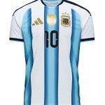 Argentina 2026 World Cup jersey in sky blue and white stripes with stitched logos from Teehub.