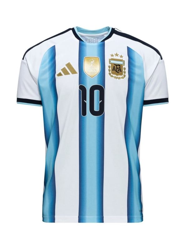 argentina worldcup jersey teehub Argentina 2026 World Cup jersey in sky blue and white stripes with stitched logos from Teehub.