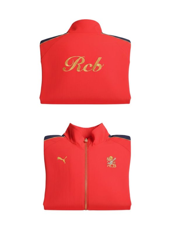 Premium red RCB outerwear jacket with modern sporty fit and signature team look, available only on Teehub.