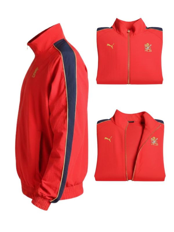 RCB red jacket with premium detailing, front zipper, and bold team styling, available exclusively on Teehub.