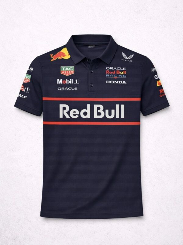 Red Bull F1 merch polo t-shirt 2025 featuring premium fabric and official racing inspired design, available in India only on Teehub