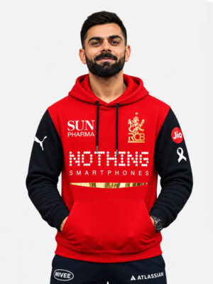 Virat Kohli RCB Red Hoodie 2026 Golden Edition with cricket fan-inspired design.