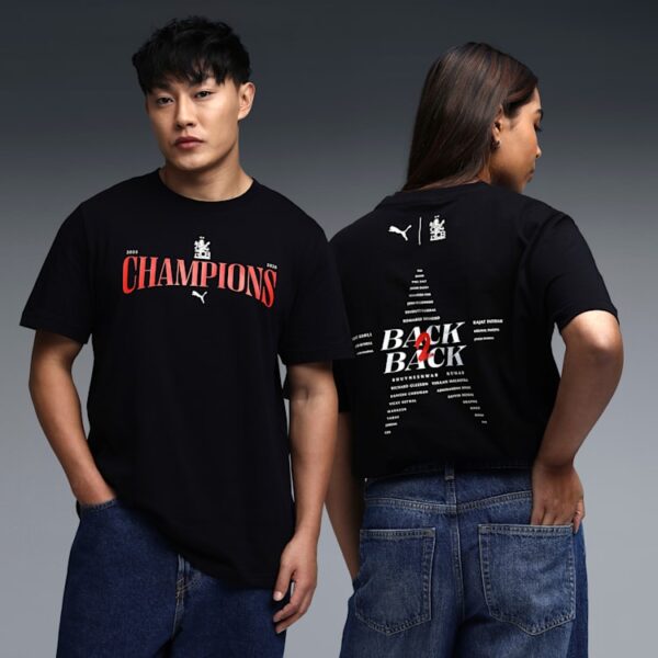 Official-style RCB Champions black t-shirt showcasing the full player roster on the back. Comfortable cotton construction, premium finish, and ideal for match days, casual wear, and fan collections.