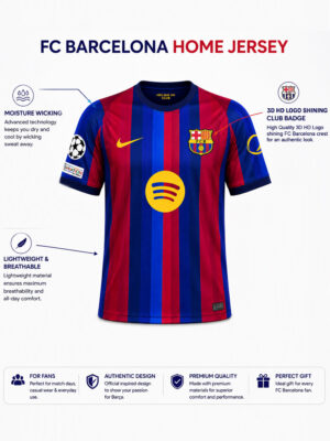 Premium FC Barcelona 2026/2027 soccer jersey with custom name and number, breathable football jersey available on TeeHub.