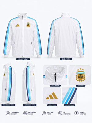Argentina Home Anthem White Jacket inspired by Lionel Messi with zipper front