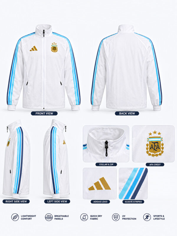 Argentina Home Anthem White Jacket inspired by Lionel Messi with zipper front