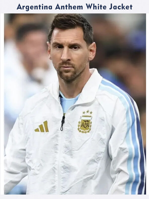 Messi Argentina Home Anthem White Jacket with stand-up collar and zipper closure available only on TeeHub
