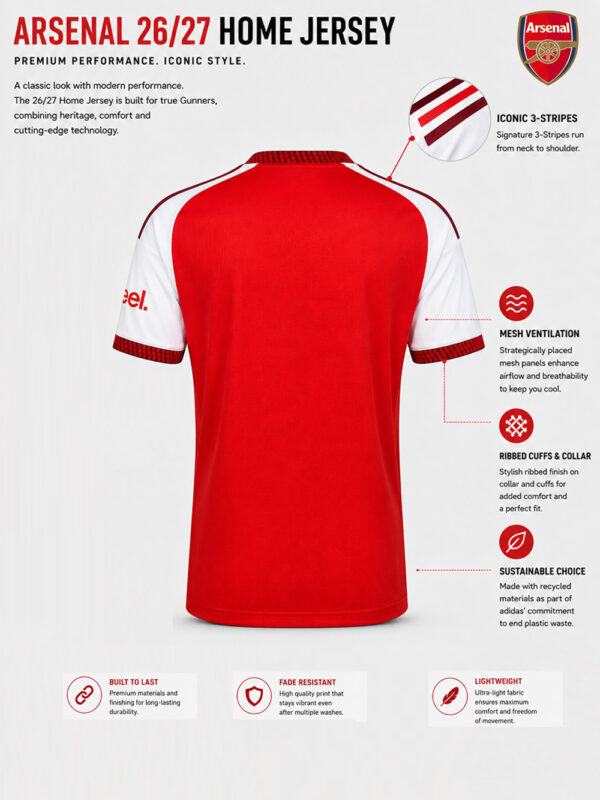 Arsenal FC Home Jersey 26/27 with regular fit, premium sports fabric, and custom name printing, exclusive to TeeHub.