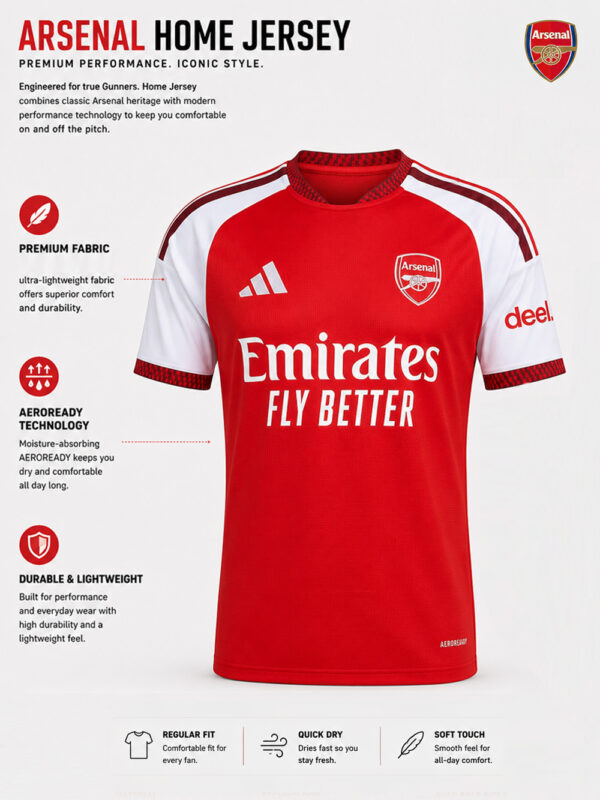 Arsenal FC 2026/27 Home football jersey featuring premium soft sports fabric and customized name and number, TeeHub exclusive.