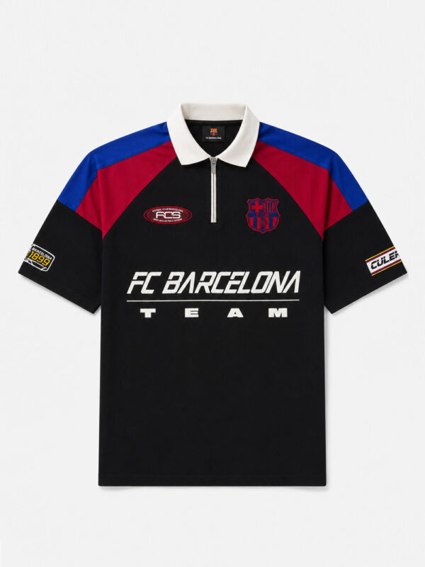 FCB Polo Half Zip Racing Barca oversized polo shirt made from 100% cotton with drop shoulder fit, available only on TeeHub.