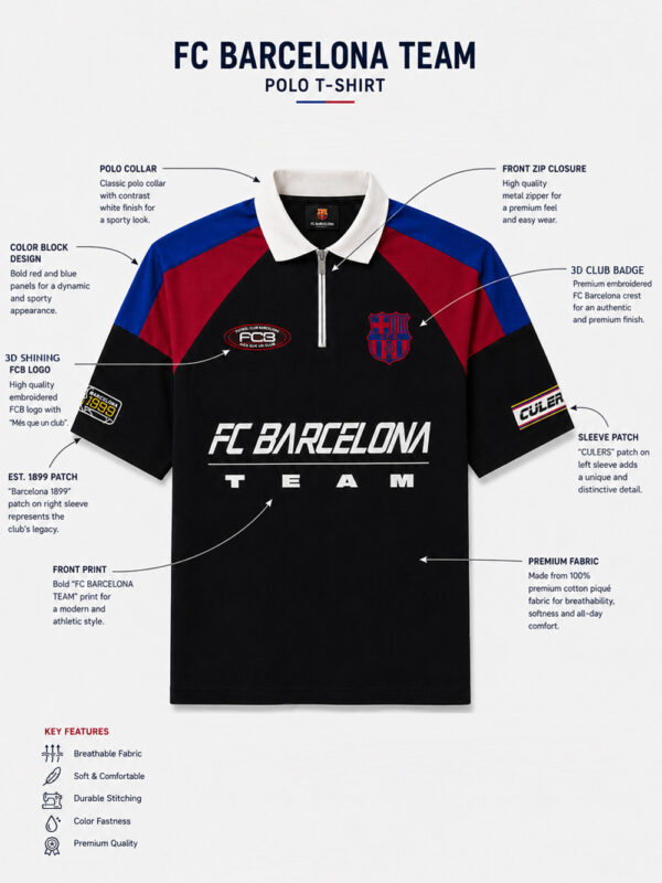 FCB Polo Half Zip Racing Barca oversized drop shoulder polo in 100% cotton, premium football-inspired streetwear by TeeHub.