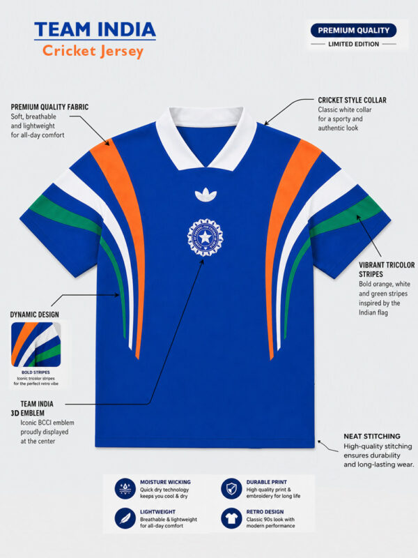 Team Indian Shoulder Tricolor T Shirt 4 Team India cricket lifestyle T-shirt with tricolor shoulder stripes and V-neck regular fit by TeeHub.