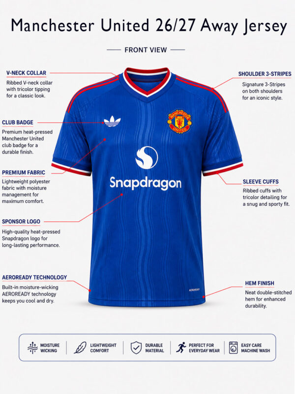 Premium Manchester United Away Jersey 26/27 with regular fit football design by TeeHub.