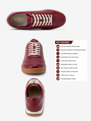 Premium One8 Red Ball Shoe with Virat Kohli signature accent, EVA comfort footbed, and gum rubber outsole, exclusive to TeeHub.