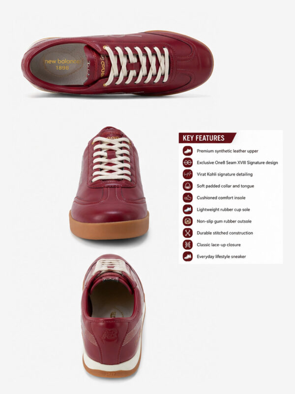 Premium One8 Red Ball Shoe with Virat Kohli signature accent, EVA comfort footbed, and gum rubber outsole, exclusive to TeeHub.