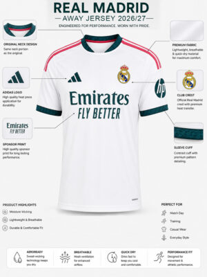 Real Madrid 26/27 Home Jersey in premium soft fabric with custom name and number printing, exclusive TeeHub football apparel.