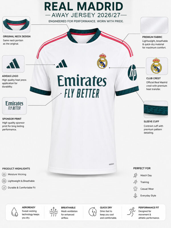 Real Madrid 26/27 Home Jersey in premium soft fabric with custom name and number printing, exclusive TeeHub football apparel.