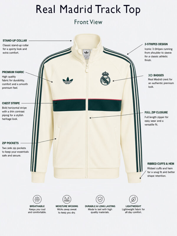 Real Madrid football track jacket made with premium sports fabric from TeeHub.