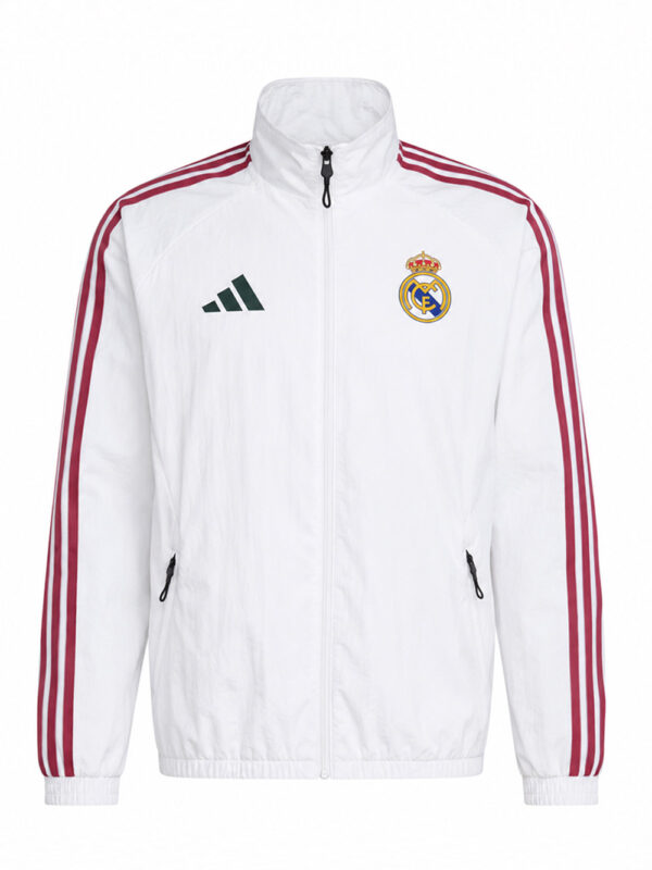 Real Madrid Anthem Jacket by TeeHub featuring premium sports fabric, stand-up collar, regular fit, and front zipper closure.