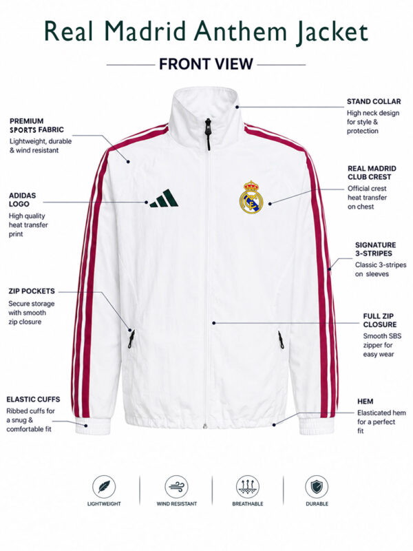Real Madrid football anthem jacket by TeeHub with premium sports fabric and regular fit.