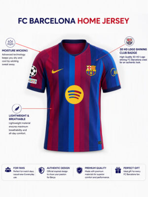 Premium FC Barcelona 2026/2027 soccer jersey with custom name and number, breathable football jersey available on TeeHub.