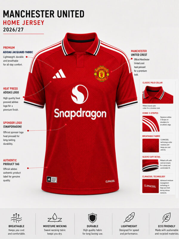 Manchester United 2026/27 Home Jersey with custom name and number, premium football shirt available exclusively on TeeHub.