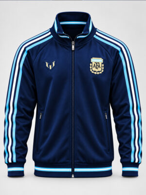 Premium Messi Farewell Jersey 2026 featuring Argentina FC colors, stand-up collar and full zip closure.