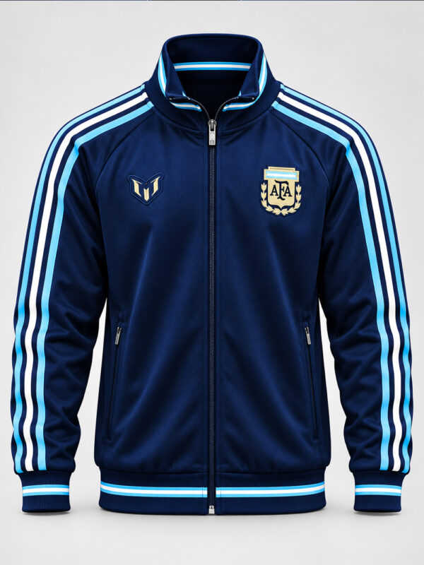 Premium Messi Farewell Jersey 2026 featuring Argentina FC colors, stand-up collar and full zip closure.
