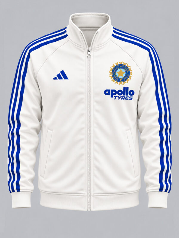 TI JAK-F Team India New White and Blue Jacket with Big Stripes, premium sports fabric and sporty design by TeeHub.