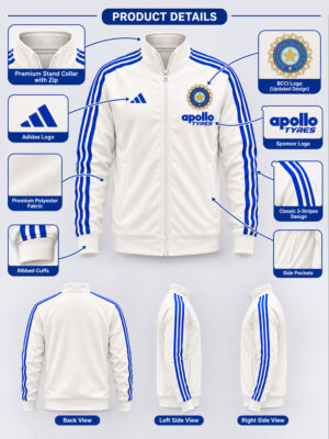 Team India New White & Blue Jacket | Big Stripes 7 Team India-inspired White and Blue Big Stripes Jacket with premium sports fabric by TeeHub.
