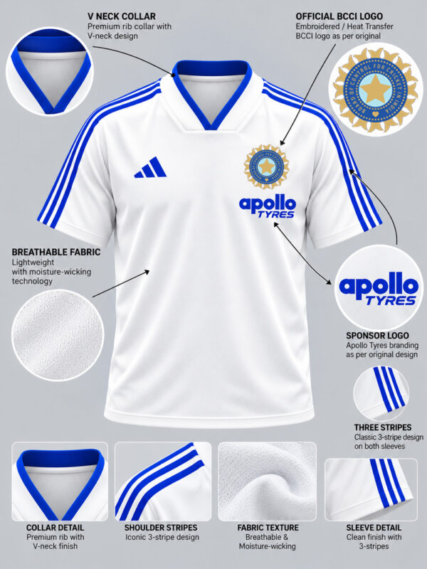 Team India New White and Blue Flat Neck Jersey | Big Stripes 3 Team India-inspired Big Stripes Jersey in white and blue with a modern flat neck design.