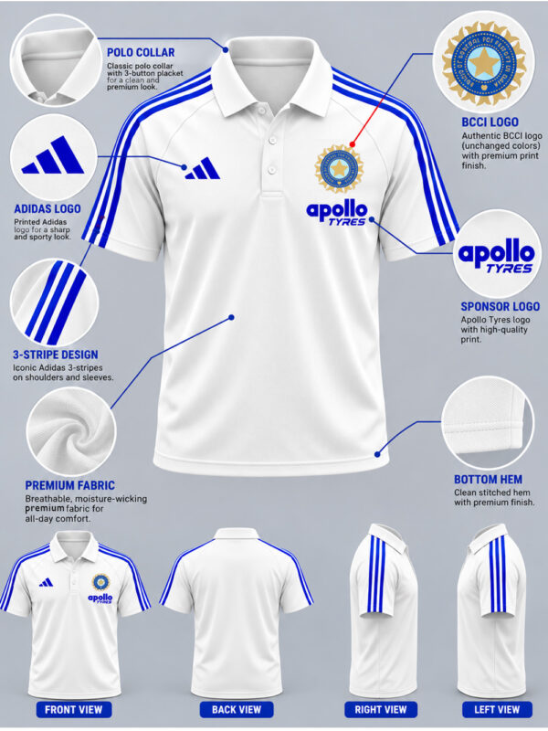 Premium Team India-inspired Polo T-Shirt in white and blue with big stripes and regular fit.