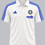 White and Blue Team India Polo T-Shirt featuring bold big stripes and a classic polo collar.