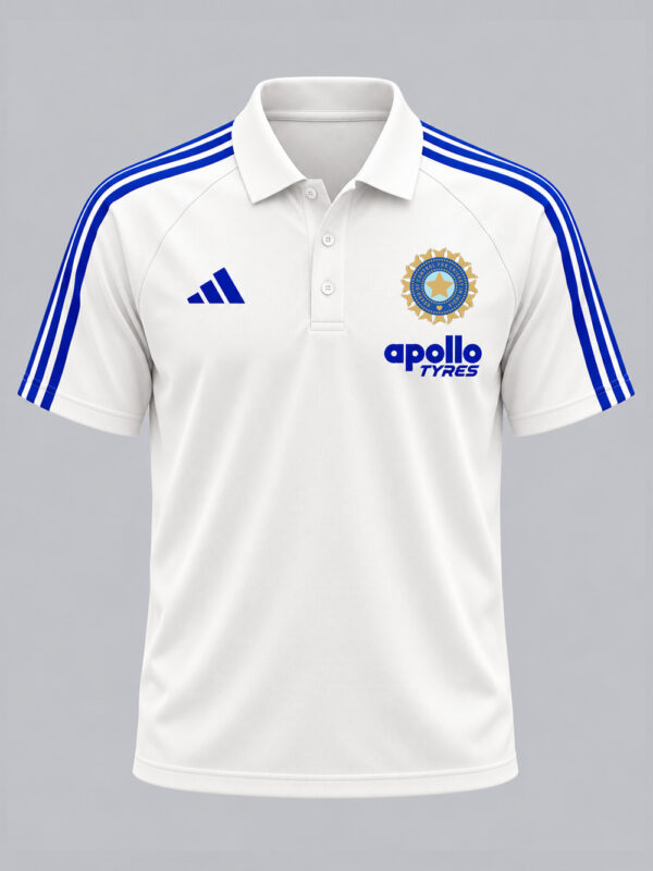 White and Blue Team India Polo T-Shirt featuring bold big stripes and a classic polo collar.