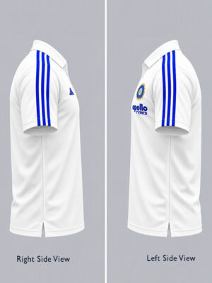 Team India White and Blue Big Stripes Polo Shirt with premium sports fabric and sporty design.